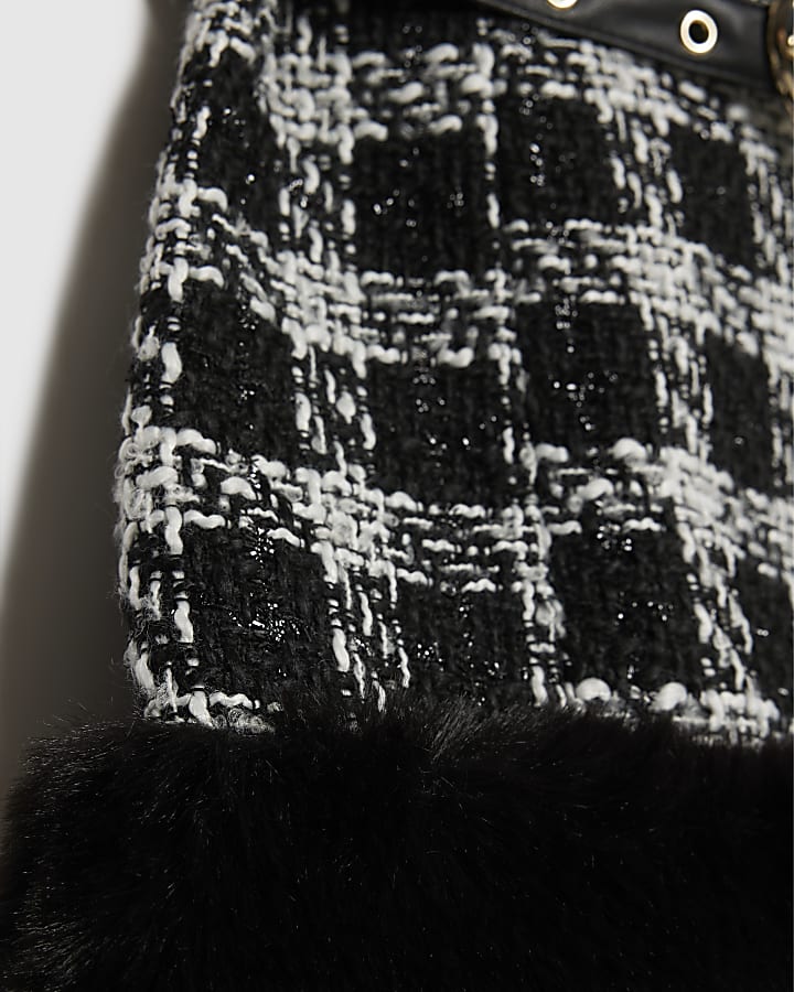 Girls Black Monochrome checked Fur Hem Dress