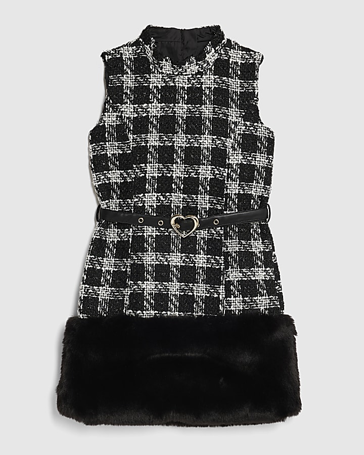 Girls Black Monochrome checked Fur Hem Dress