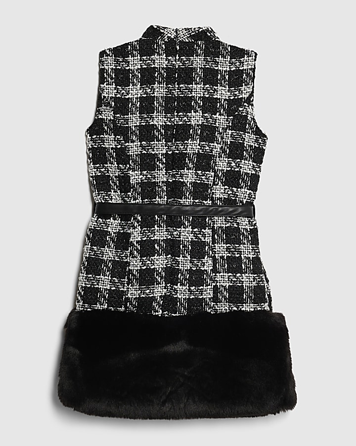 Girls Black Monochrome checked Fur Hem Dress