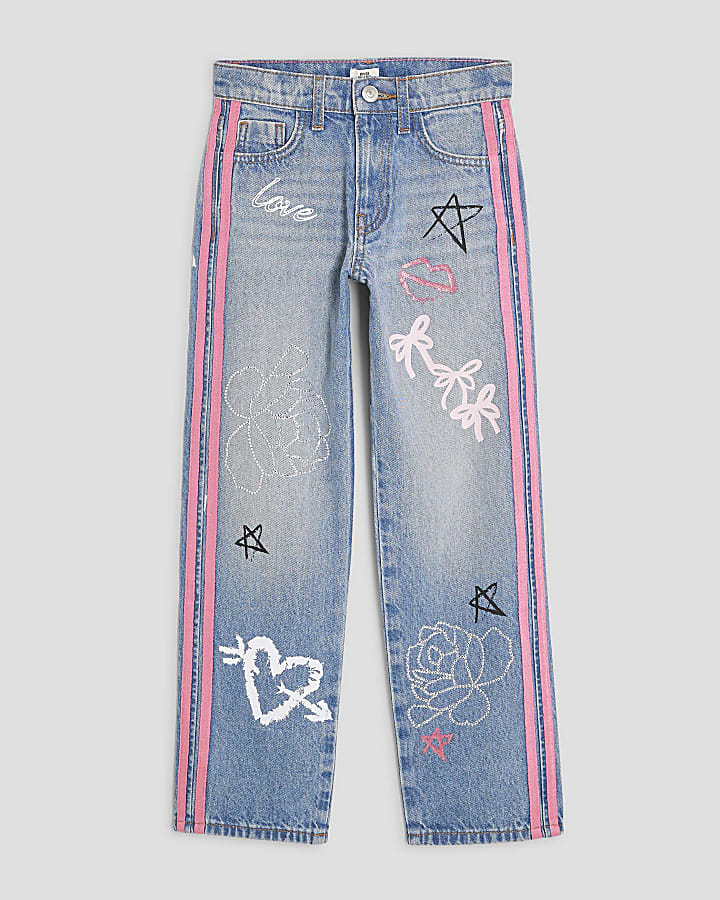 Girls Blue Graffiti Straight Jeans