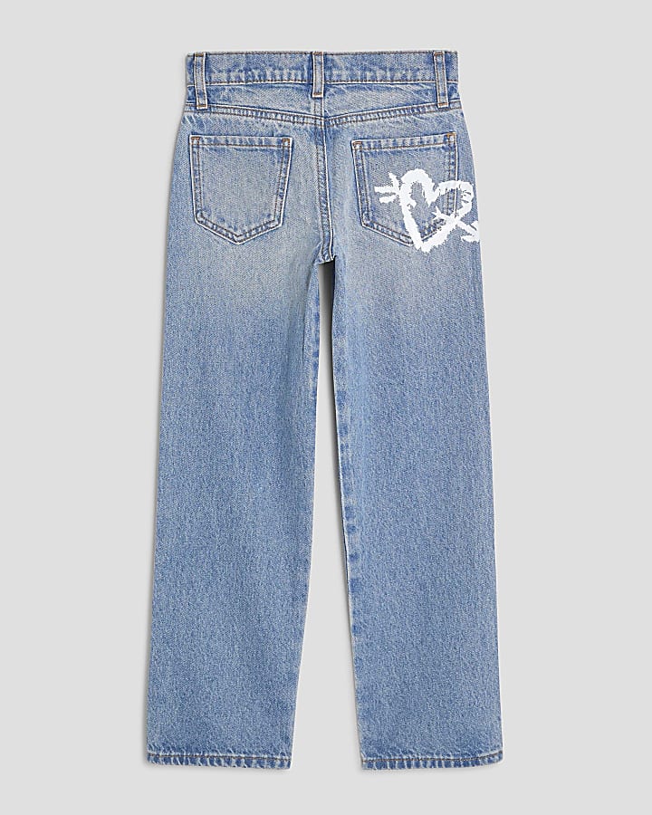 Girls Blue Graffiti Straight Jeans