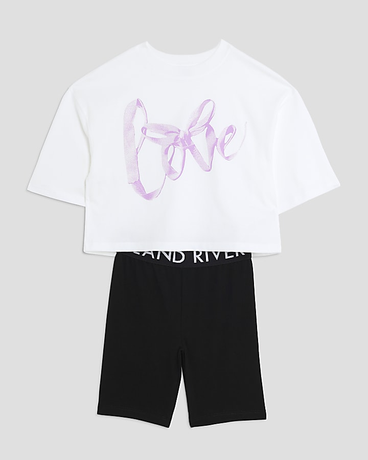 Girls White Love Ribbon T-Shirt Set
