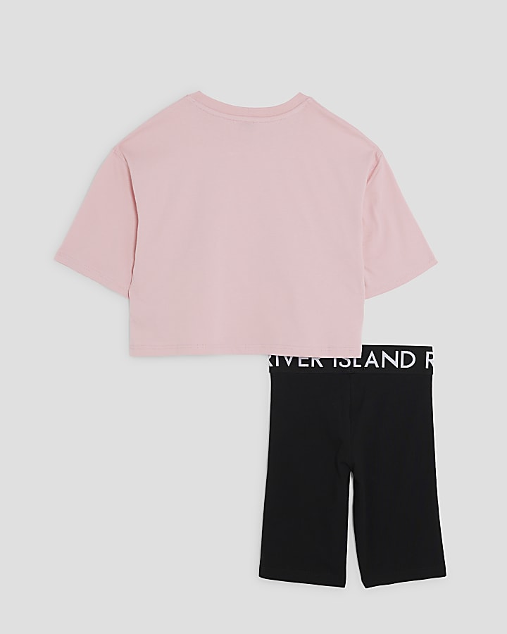 Girls Pink Shell Crop Top & Cycle Shorts Set