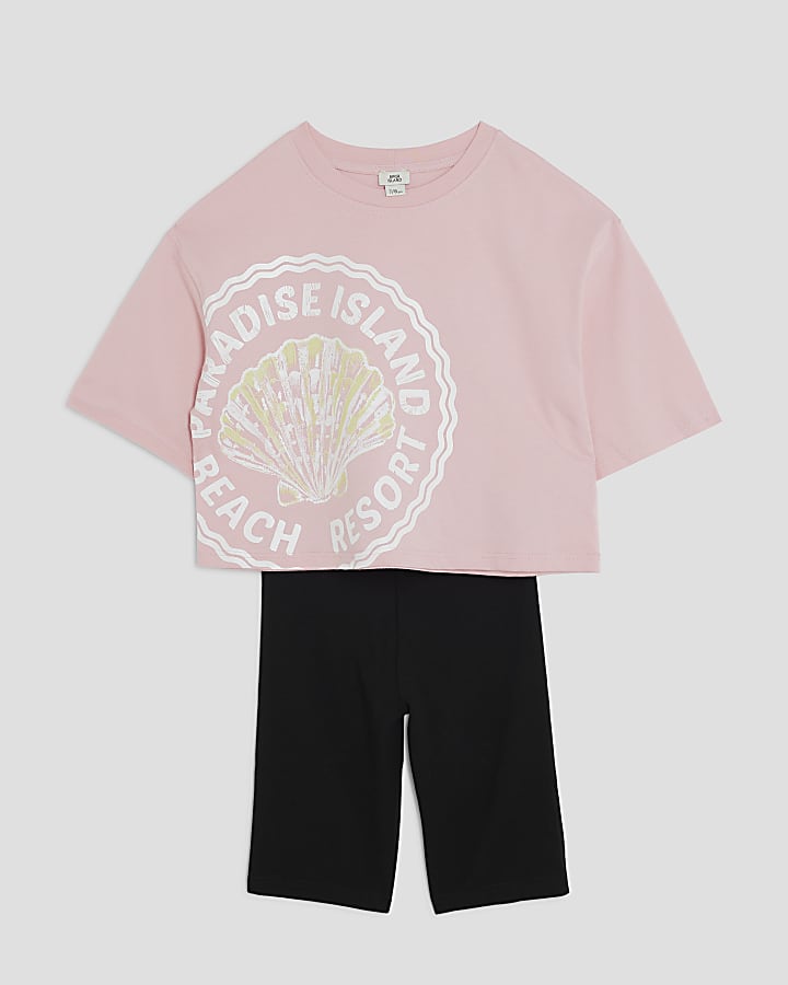 Girls Pink Shell Crop Top & Cycle Shorts Set
