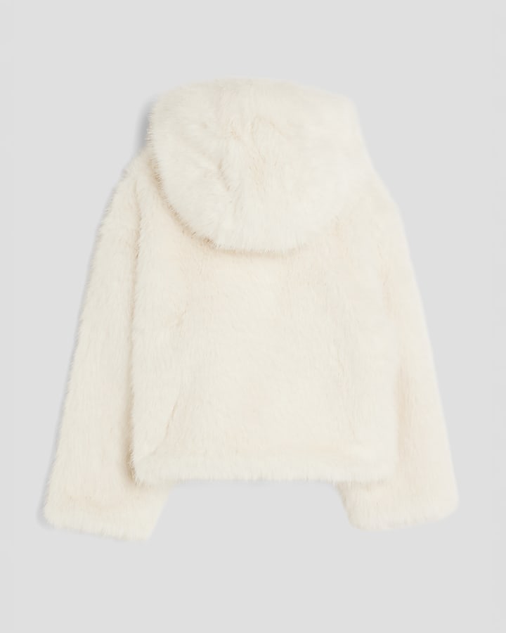 Girls Cream Faux Fur Bomber Jacket