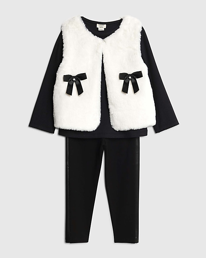 Mini Girls Cream Faux Fur Bow Gilet Set