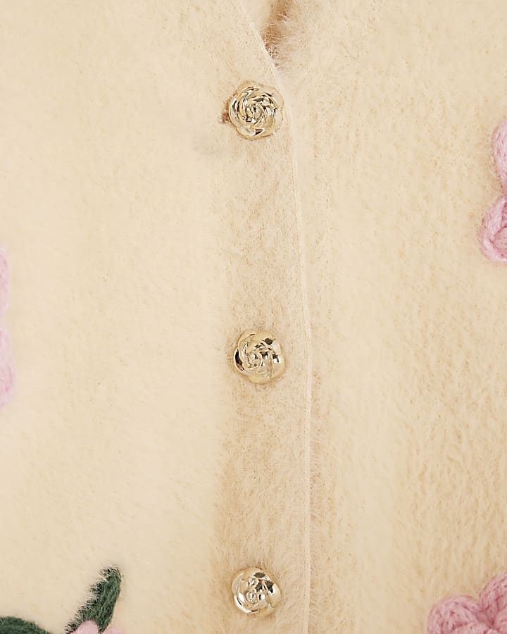 Girls Cream Fluffy Floral Cardigan