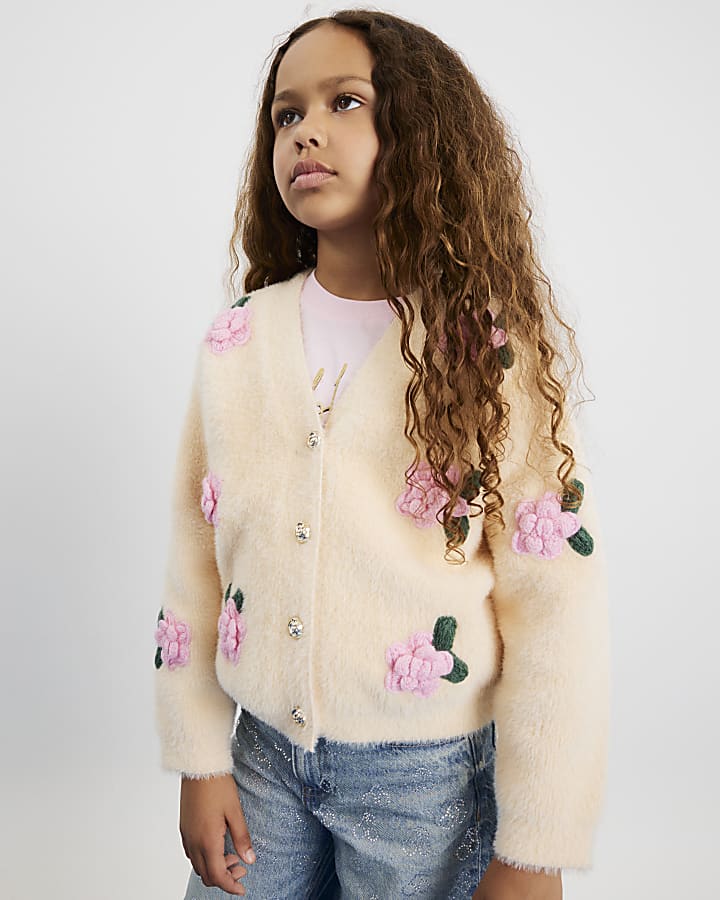 Girls Cream Fluffy Floral Cardigan
