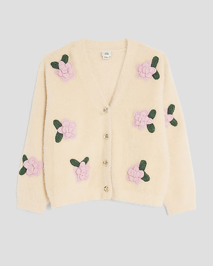 Girls Cream Fluffy Floral Cardigan