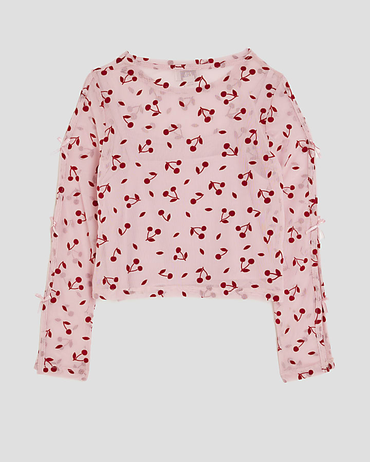 Girls Pink Cherry Mesh Long Sleeve T-Shirt