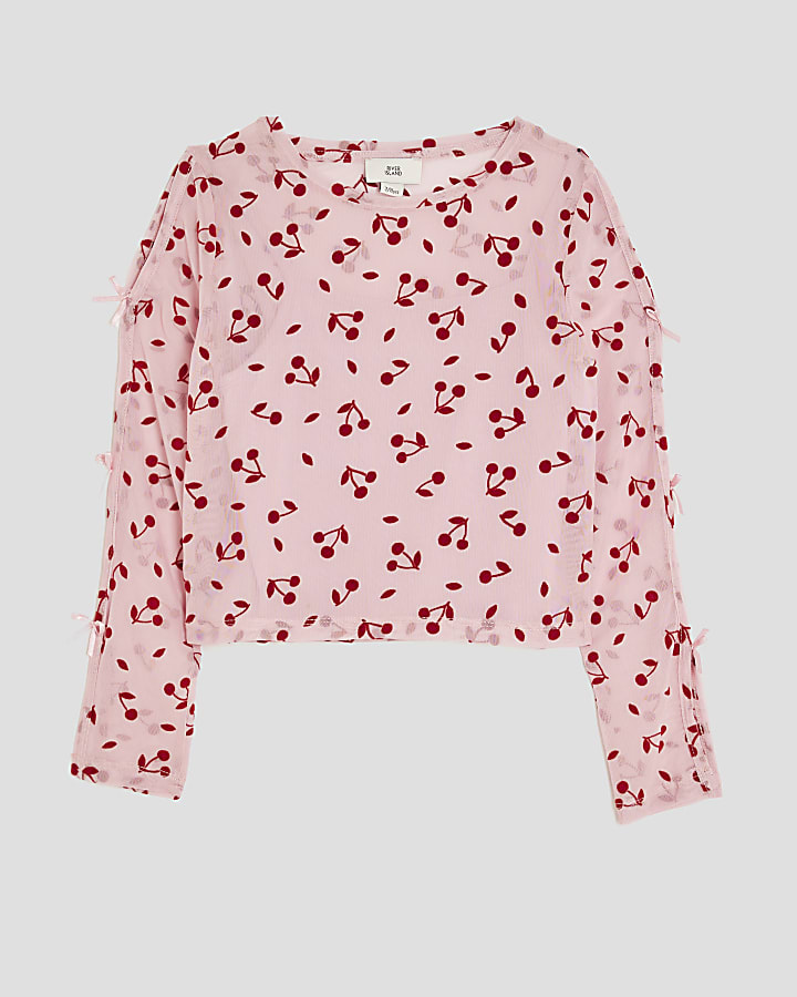 Girls Pink Cherry Mesh Long Sleeve T-Shirt