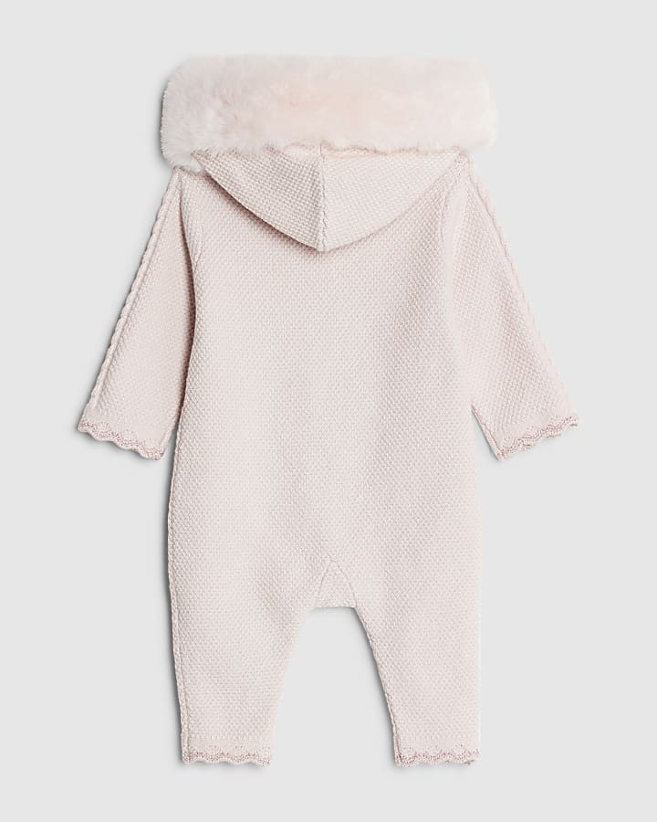 Baby Girls Pink Fur Collar Knitted Romper