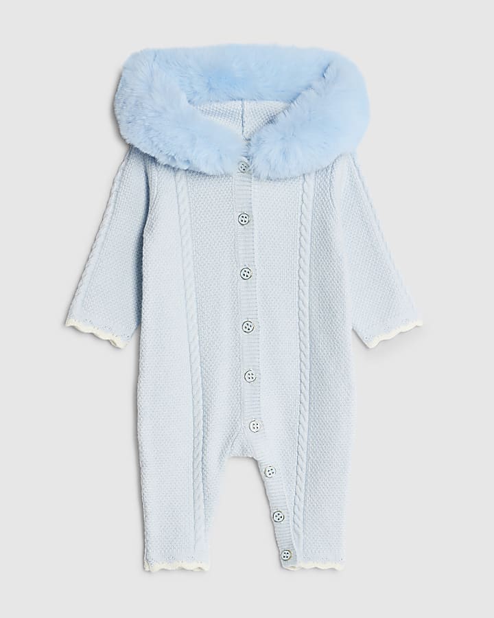 Baby Boys Blue Faux Fur Collar Knitted Romper