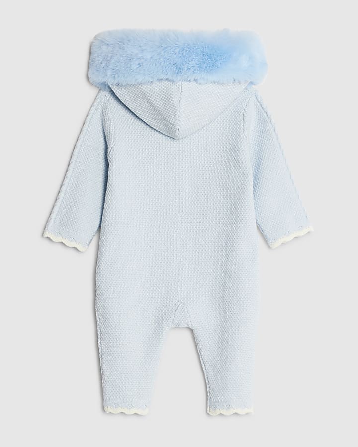 Baby Boys Blue Faux Fur Collar Knitted Romper
