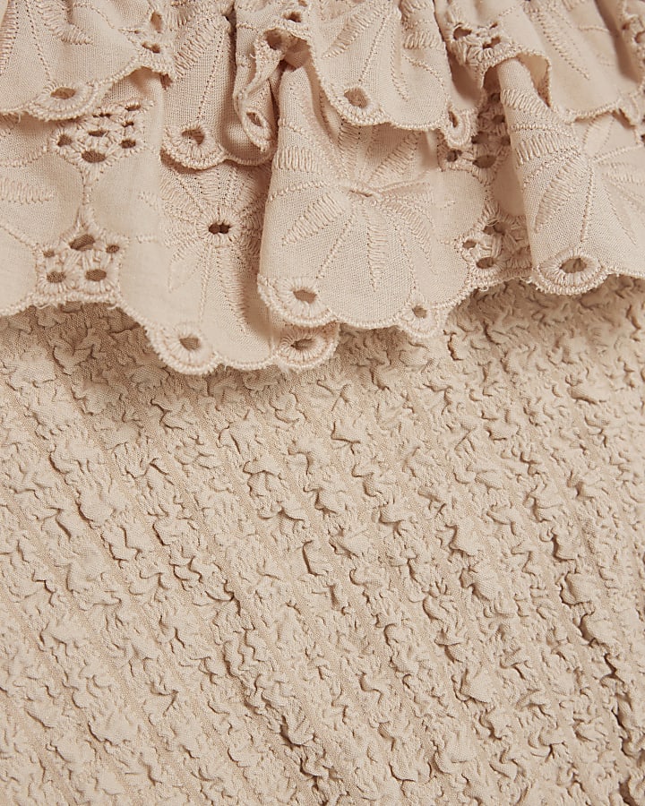 Girls Beige Lace Asymmetric Cami Top Set