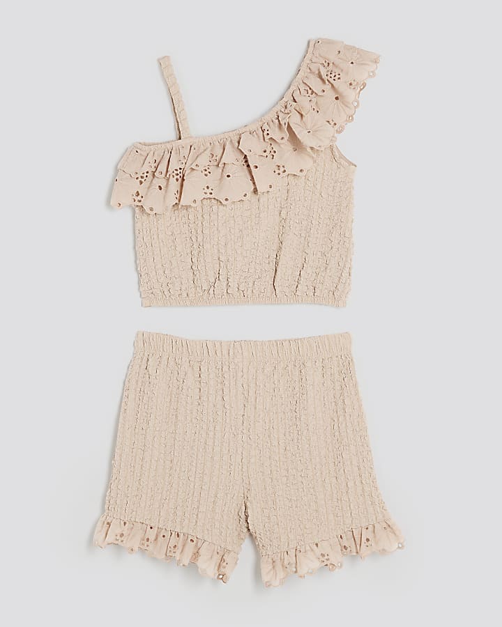 Girls Beige Lace Asymmetric Cami Top Set