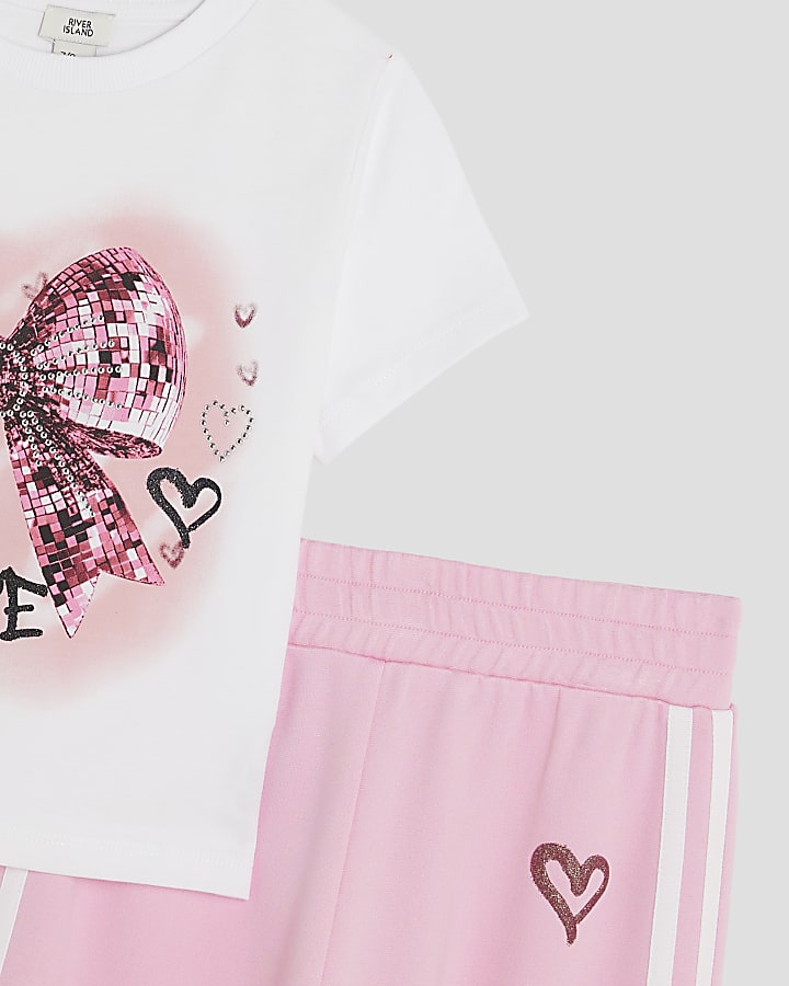Girls Pink Bow T-Shirt And Joggers Set