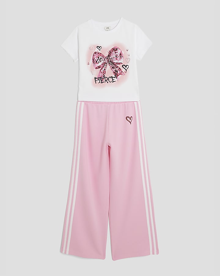 Girls Pink Bow T-Shirt And Joggers Set