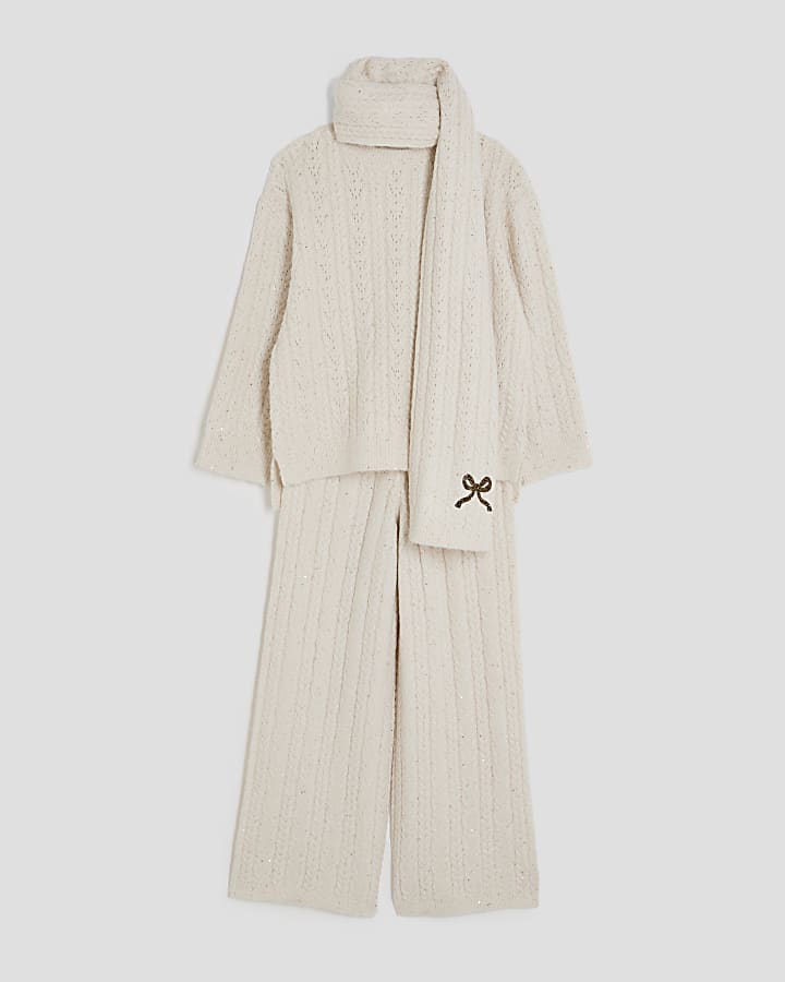Girls Cream Cable Knit Jumper And Scarf Set
