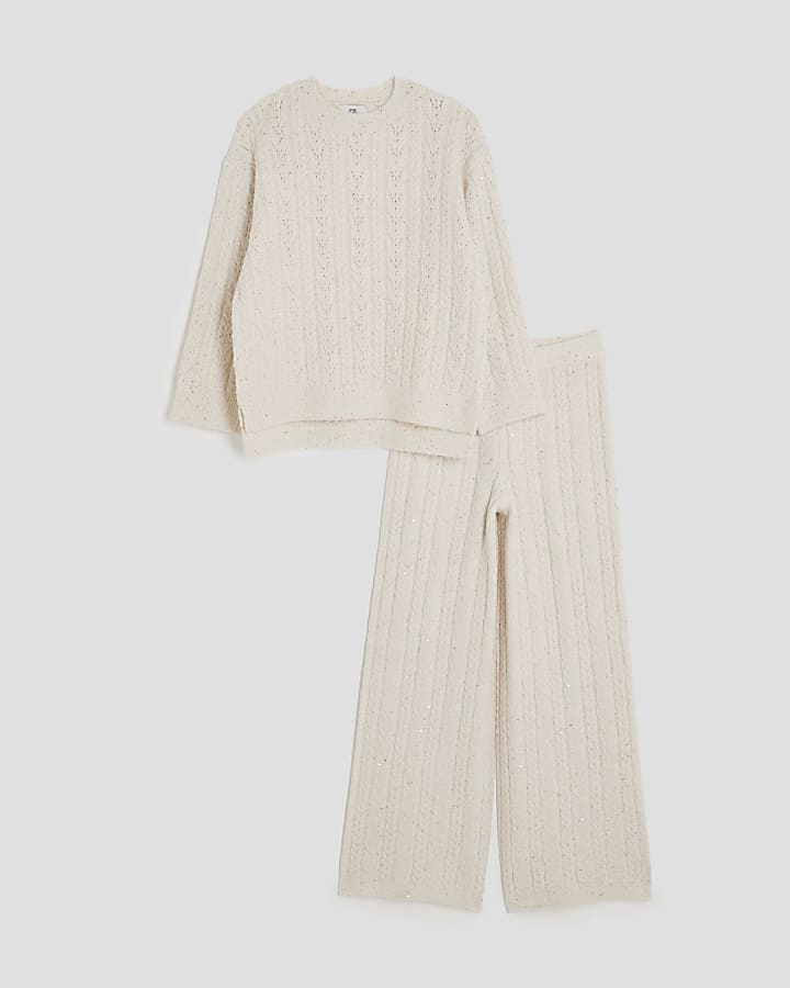 Girls Cream Cable Knit Jumper And Scarf Set