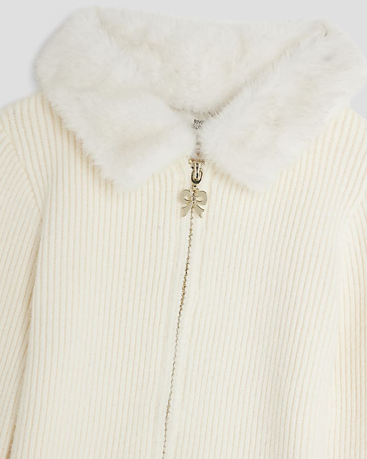 Girls Cream Faux Fur Collar Cardigan Set