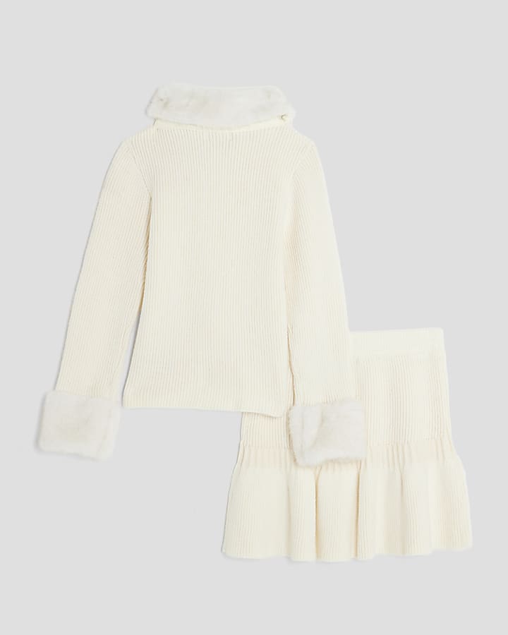 Girls Cream Faux Fur Collar Cardigan Set