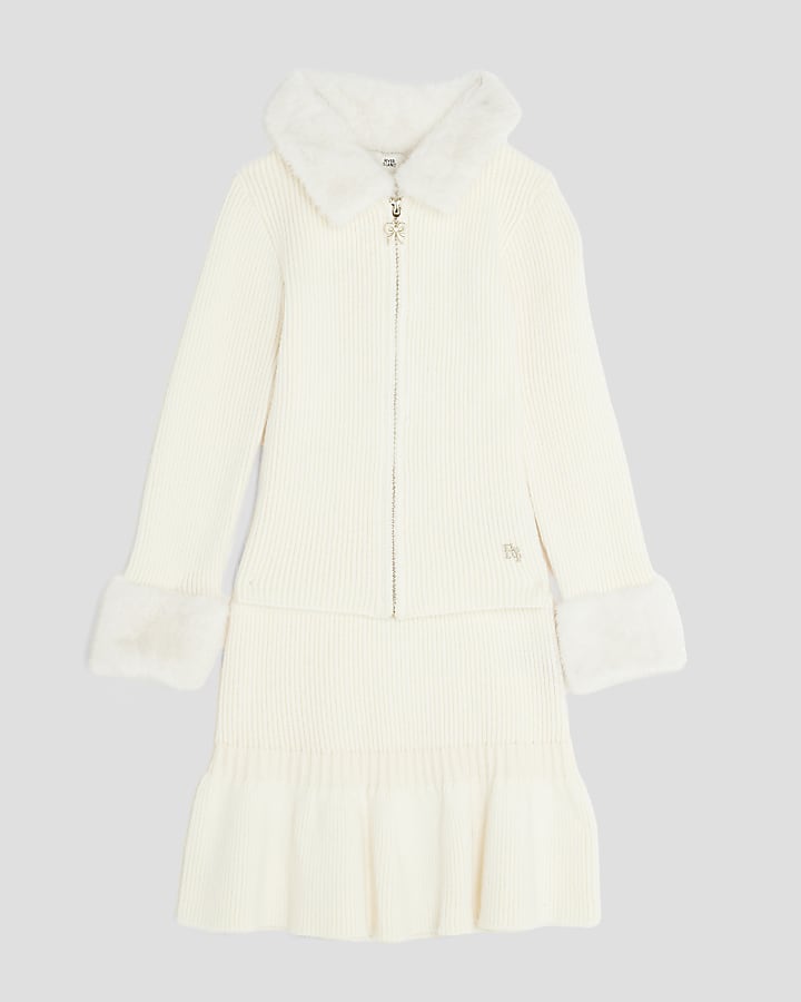 Girls Cream Faux Fur Collar Cardigan Set