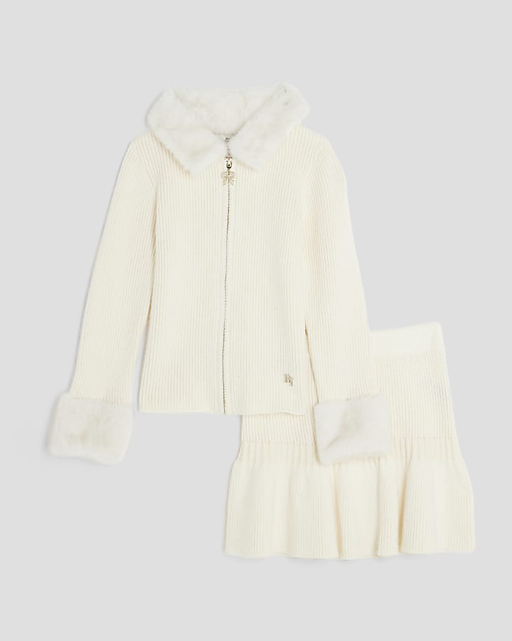 Girls Cream Faux Fur Collar Cardigan Set