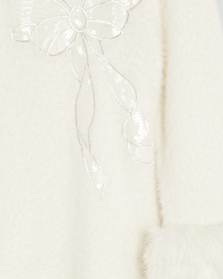 Girls Cream Fur Cuff Sequin Bow Skater Dress