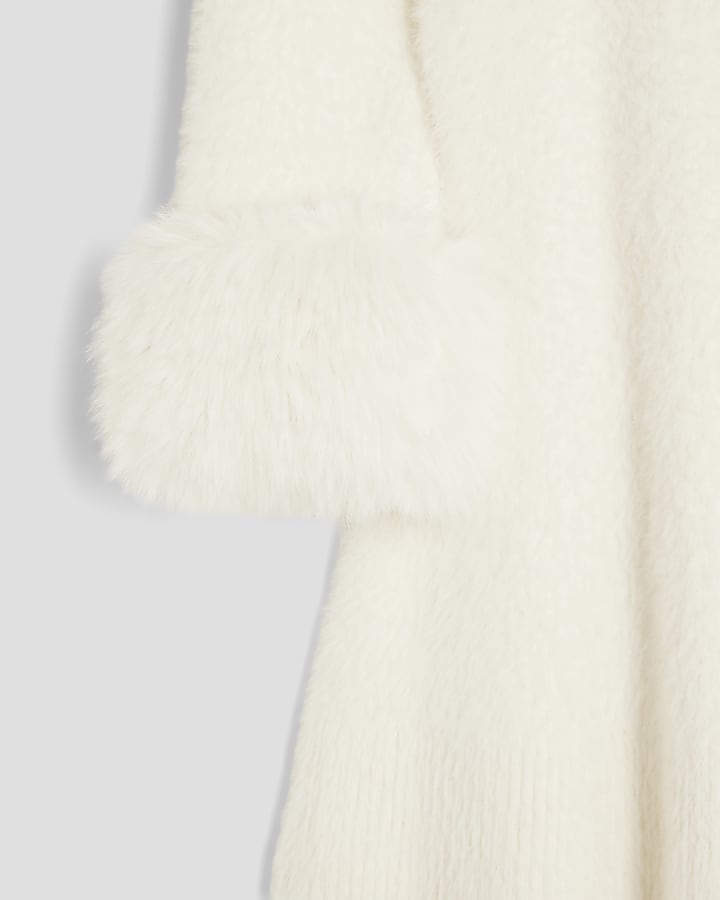 Girls Cream Fur Cuff Sequin Bow Skater Dress
