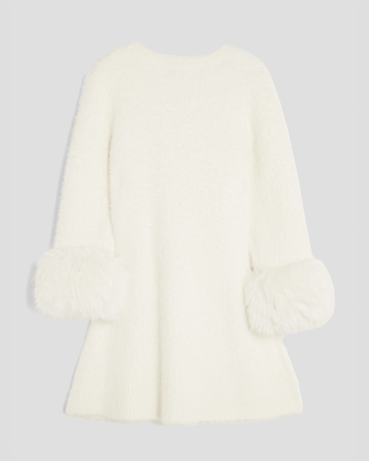 Girls Cream Fur Cuff Sequin Bow Skater Dress