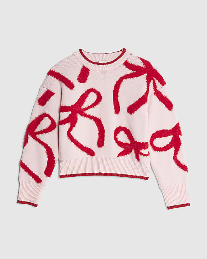 Girls Pink Fluffy Bow Jumper