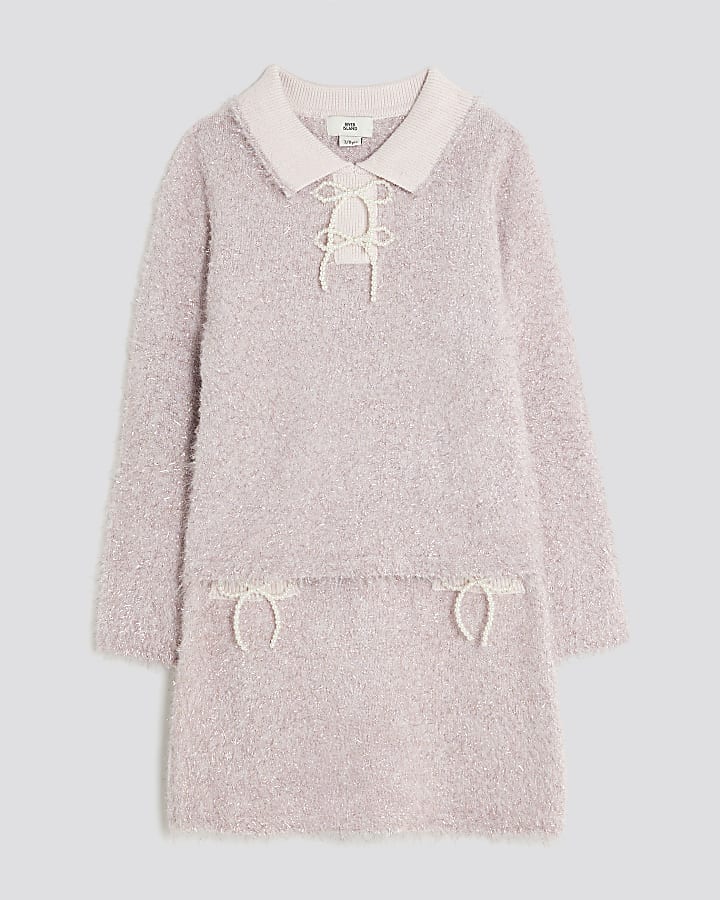 Girls Pink Lurex Bow Skirt Set