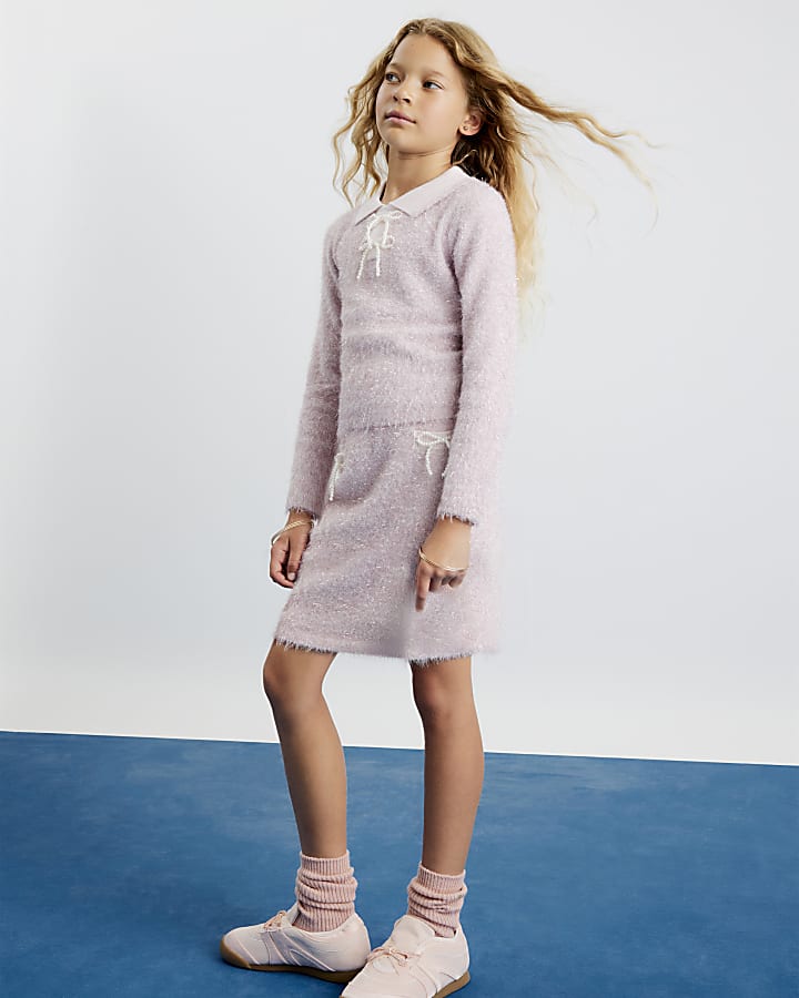 Girls Pink Lurex Bow Skirt Set