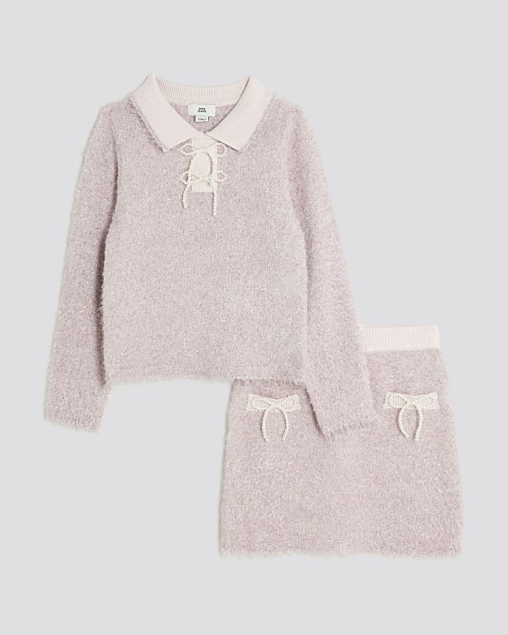 Girls Pink Lurex Bow Skirt Set