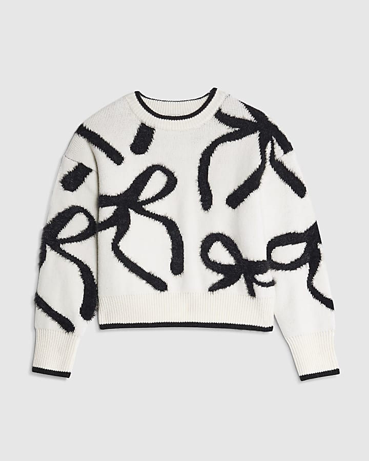 Girls Cream Fluffy Bow Jumper