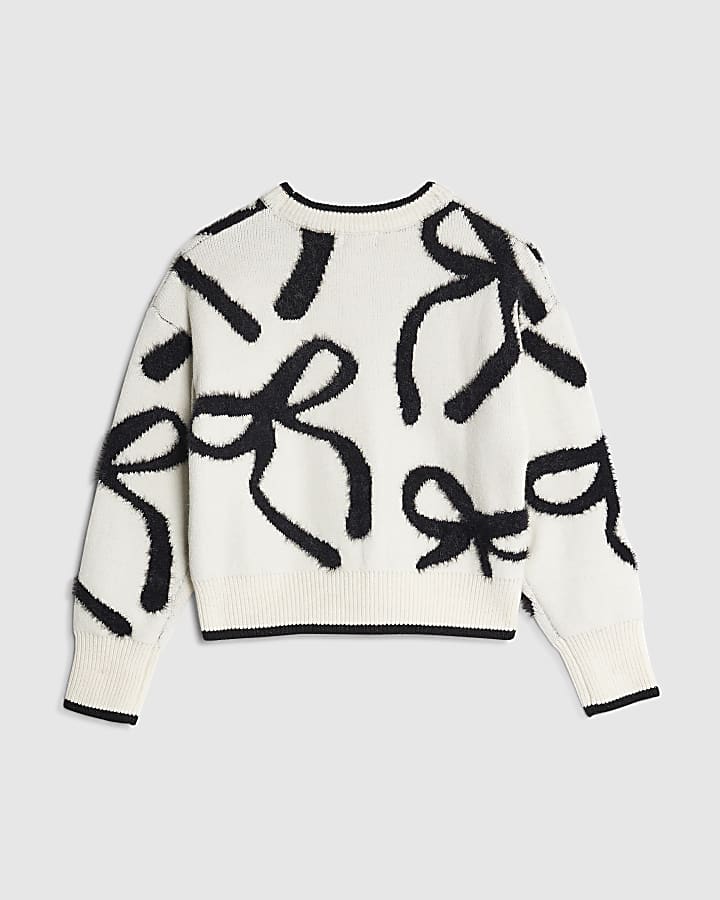 Girls Cream Fluffy Bow Jumper