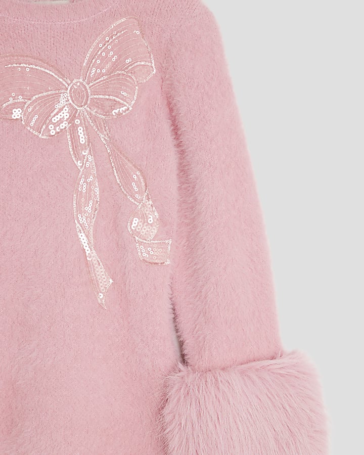 Girls Pink Fur Cuff Sequin Bow Skater Dress