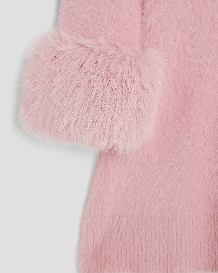 Girls Pink Fur Cuff Sequin Bow Skater Dress