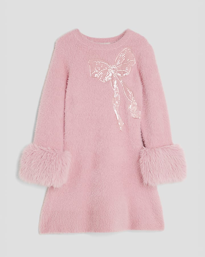 Girls Pink Fur Cuff Sequin Bow Skater Dress