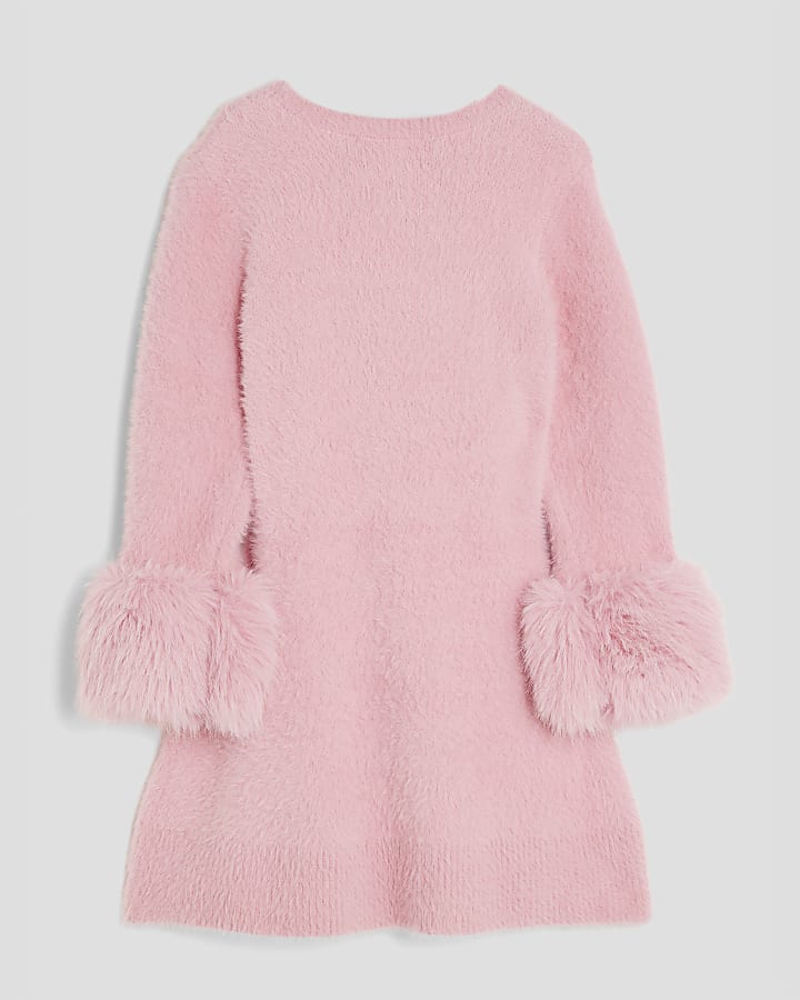 Girls Pink Fur Cuff Sequin Bow Skater Dress