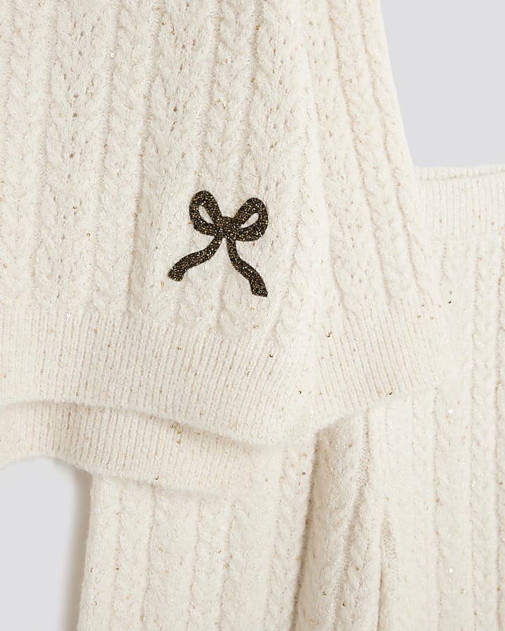 Girls Cream Cable Knitted Bow Wide Leg Set