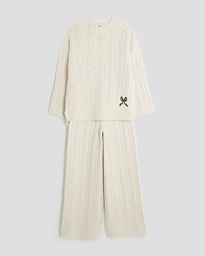 Girls Cream Cable Knitted Bow Wide Leg Set