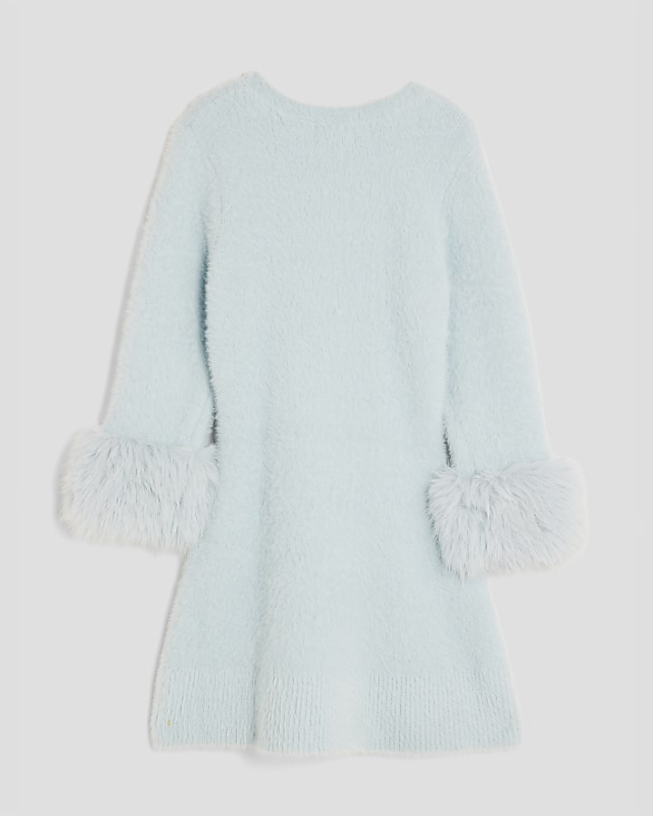 Girls Blue Fur Cuff Sequin Bow Skater Dress