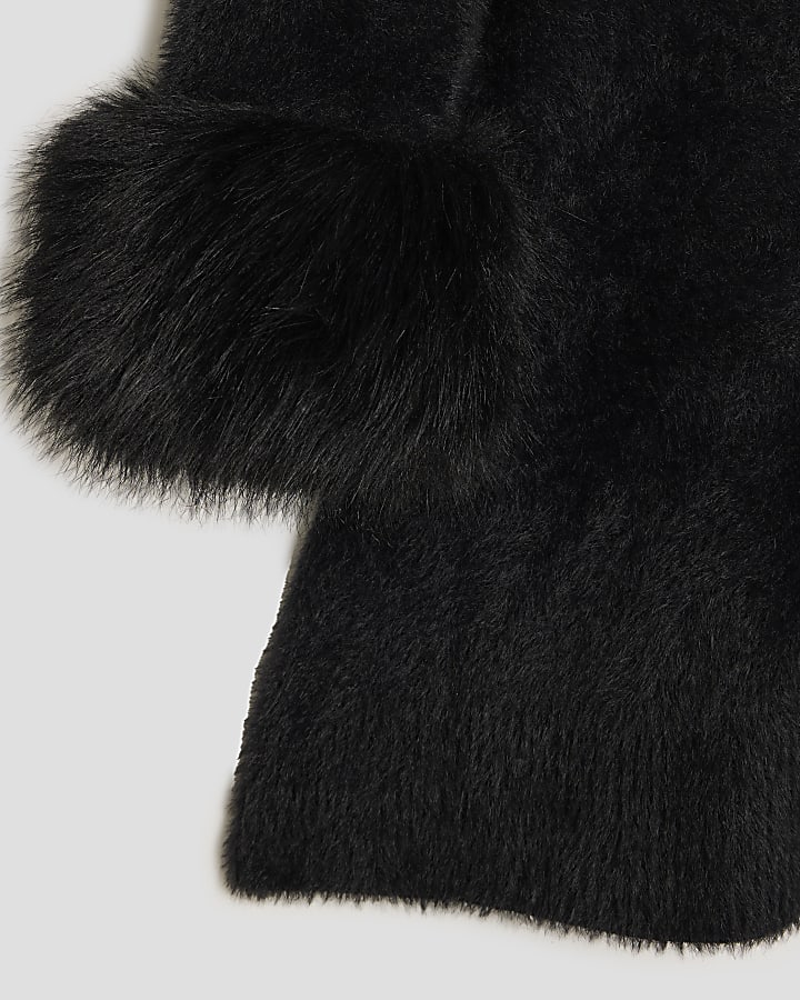 Girls Black Fur Cuff Sequin Bow Skater Dress