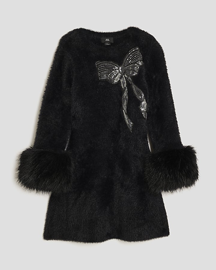 Girls Black Fur Cuff Sequin Bow Skater Dress
