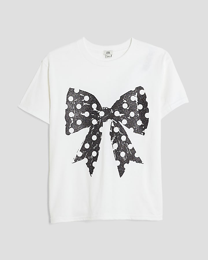 Girls White Polka Dot Bow T-shirt