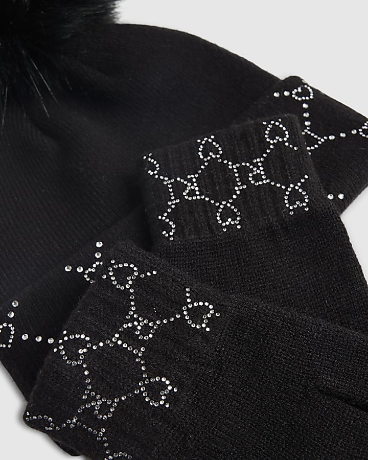 Girls Black Hotfix Beanie And Gloves Set
