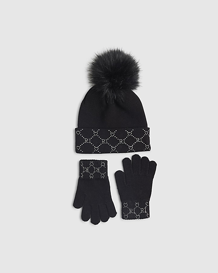 Girls Black Hotfix Beanie And Gloves Set