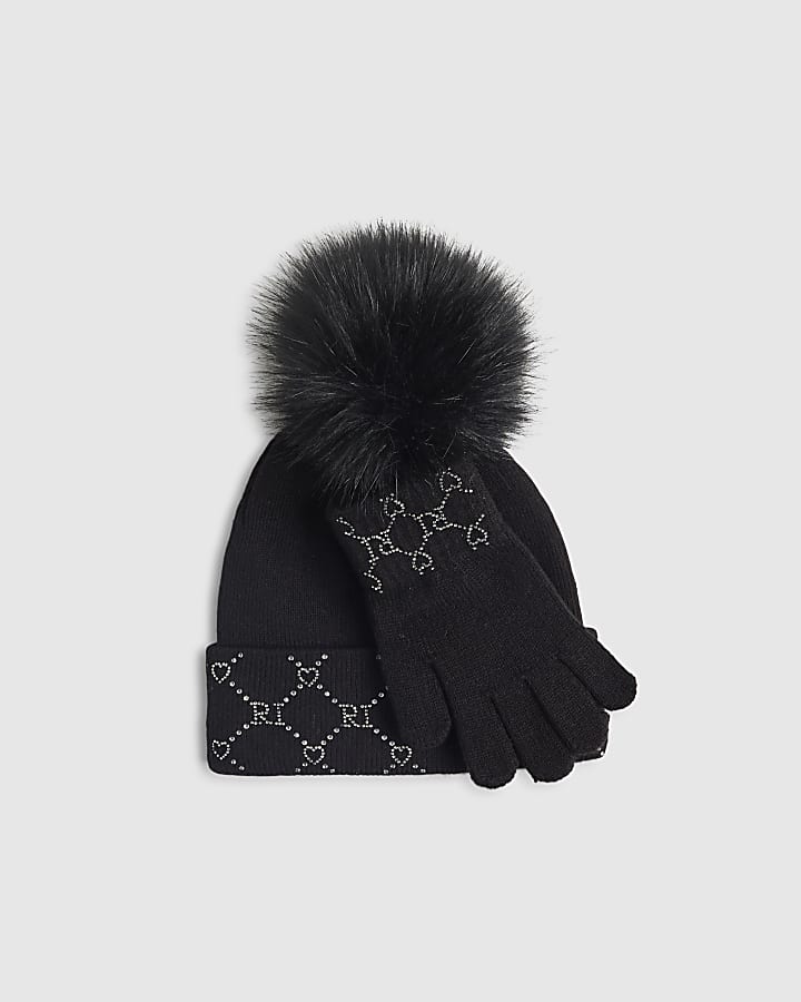 Girls Black Hotfix Beanie And Gloves Set